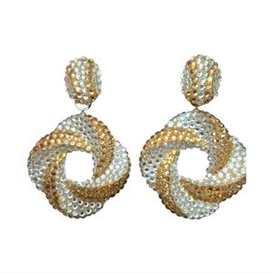 Vintage Richard Kerr 1980 Champagne Crystal Swirl Hoop Drop Earrings Signed